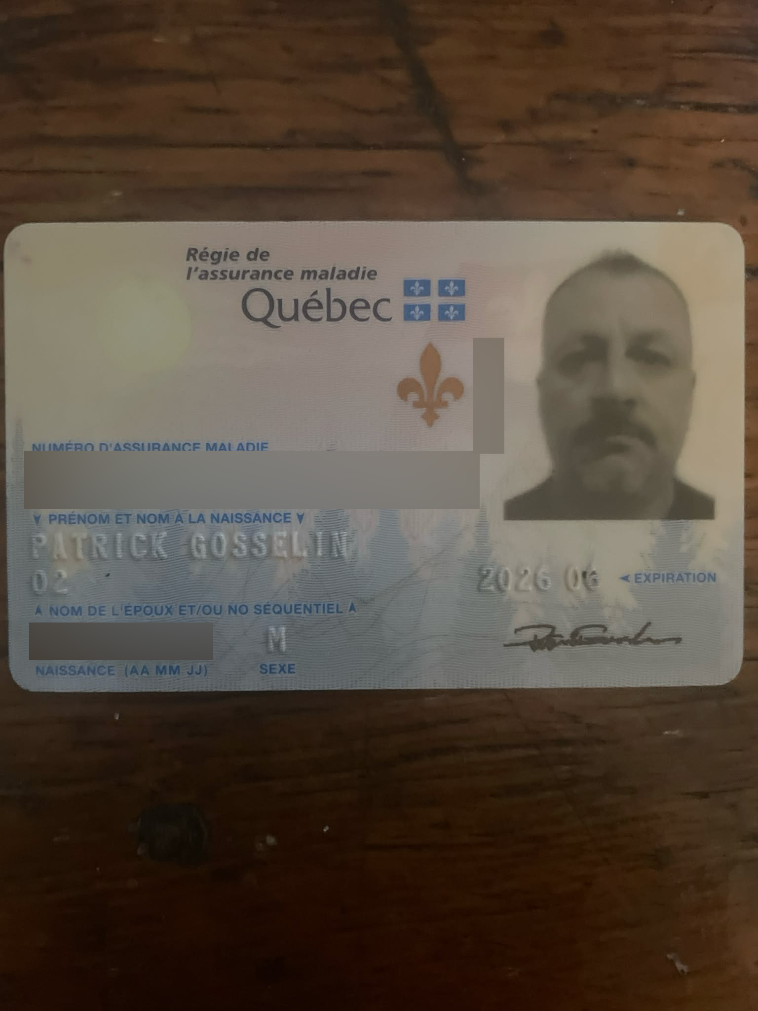 Identity card sent by Patrick Gosselin